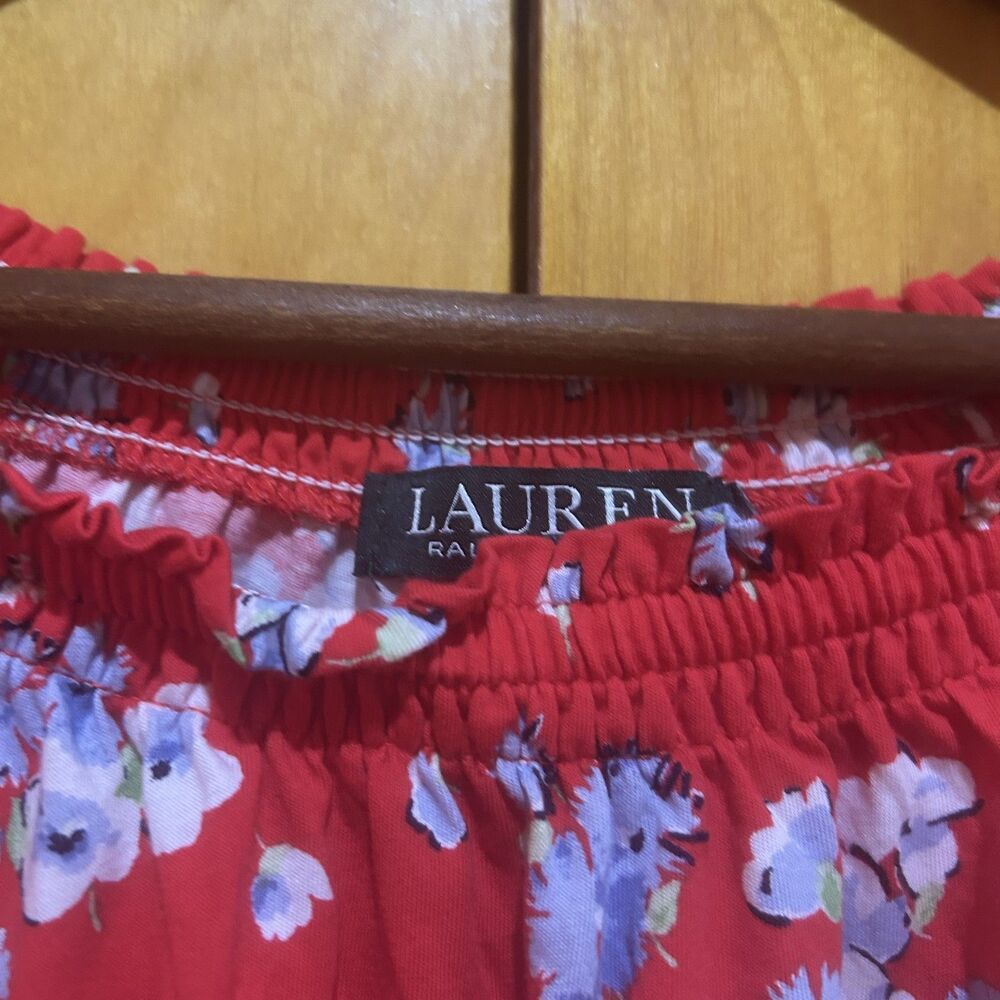 Lauren Ralph Lauren Red Cotton Floral Off Shoulder Top-Sz L-Preppy-Peasant - Picture 3 of 9